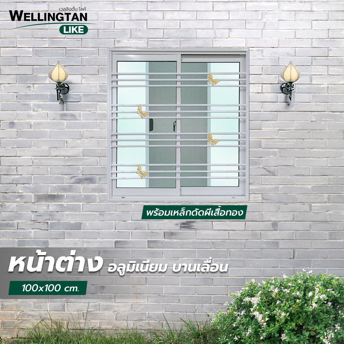 WELLINGTAN (LIKE) หน้าต่างอลูมิเนียม บานเลื่อน SS 100x100ซม. สีขาว+มุ้ง+เหล็กดัดผีเสื้อทอง