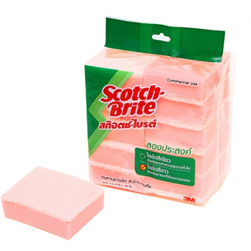 Scotch-Brite แผ่นใยขัดสองหน้า ขนาด 11x15.5x1.9 ซม. (แพ็ค 10 ชิ้น) สีชมพู