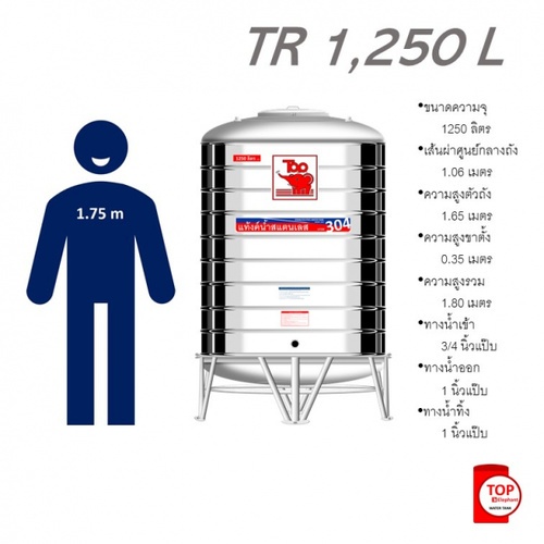 TOP เก็บน้ำสเตนเลส 1250L (เข้า3/4 ออก1) รุ่น ช้างแดง รับประกัน 5 ปี