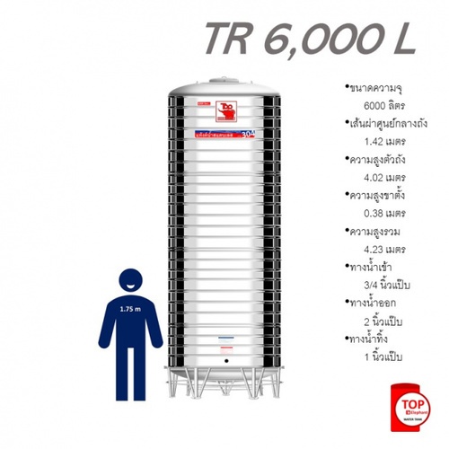 TOP เก็บน้ำสเตนเลส 6000L (เข้า3/4 ออก2) รุ่น ช้างแดง รับประกัน 5 ปี