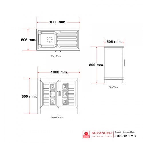 ADVANCED ตู้พร้อมซิงค์ล้างจานสเตนเลส 1 หลุมมีที่พัก 100x50x80 ซม. C1S 5010 MB สีขาว