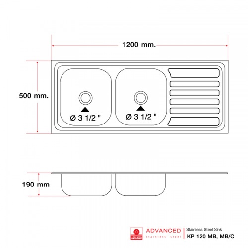 ADVANCED อ่างล้างจาน2 หลุมมีที่พัก พร้อมท่อน้ำทิ้งแบบย่น KP120MB/C
