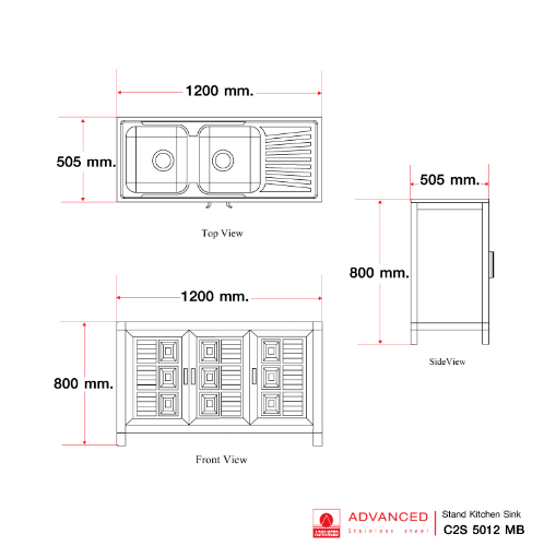 ADVANCED ตู้พร้อมซิงค์ล้างจานสเตนเลส 2 หลุมมีที่พัก 120x50x80 ซม. C2S-5012 MB สีขาว