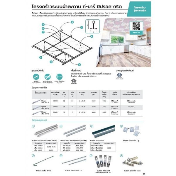 ยิปรอค โครงคร่าวซอย ครอสที 38C24: กว้างxยาว 24x38มม.xยาว600มม. ราคาต่อท่อน (20ท่อน/แพ็ค)