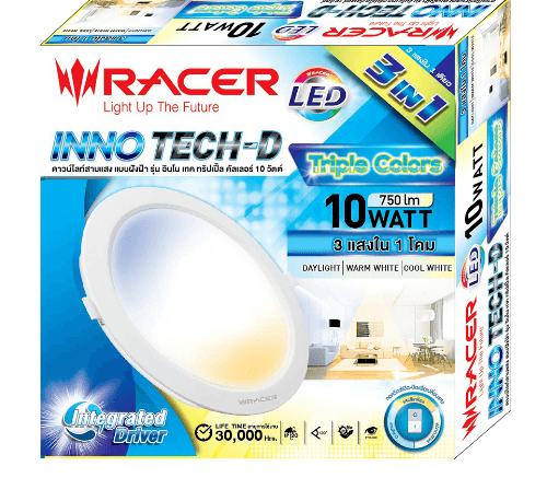 RACER โคมดาวน์ไลท์ LED แบบฝังฝ้าหน้ากลม 10W รุ่น INNO TECH-D 3แสง