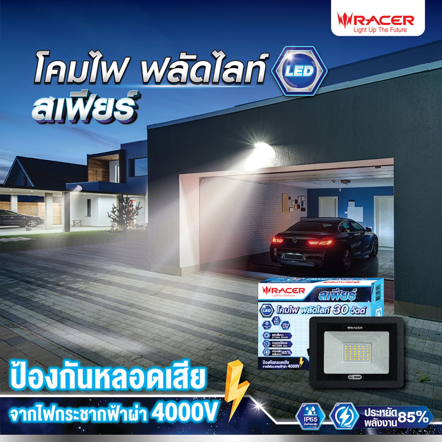 RACER โคมไฟสปอร์ตไลท์ LED 30W 6500K IP65 รุ่น SPHERE แสงเดย์ไลท์