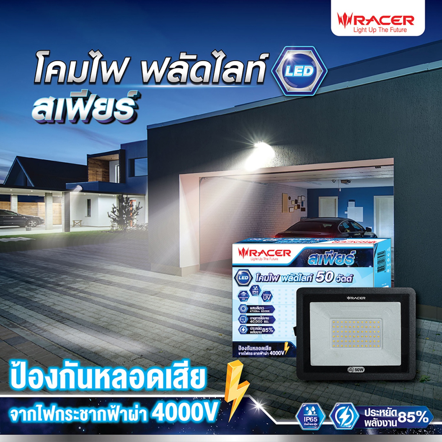 RACER โคมไฟสปอร์ตไลท์ LED 50W 6500K IP65 รุ่น SPHERE แสงเดย์ไลท์