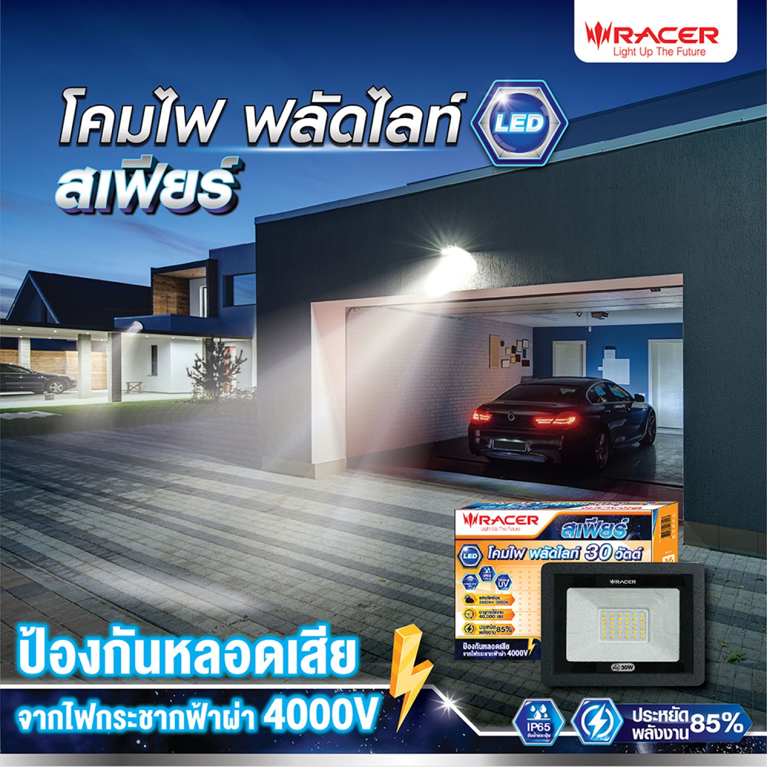 RACER โคมไฟสปอร์ตไลท์ LED 30W 3000K IP65 รุ่น SPHERE แสงวอร์มไวท์