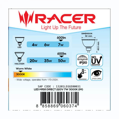 Racer หลอดไฟแอลอีดี MR16 แบบต่อตรง GU5.3 7W แสงวอร์มไลท์