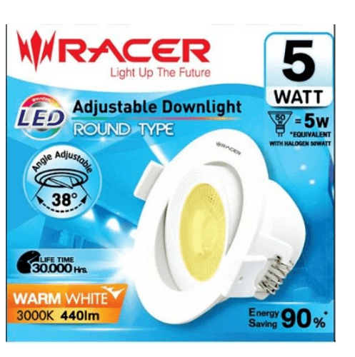 RACER โคมดาวน์ไลท์ LED แบบฝังฝ้าหน้ากลม 3.5นิ้ว 5W ปรับองศาได้ แสงวอร์มไวท์ สีขาว