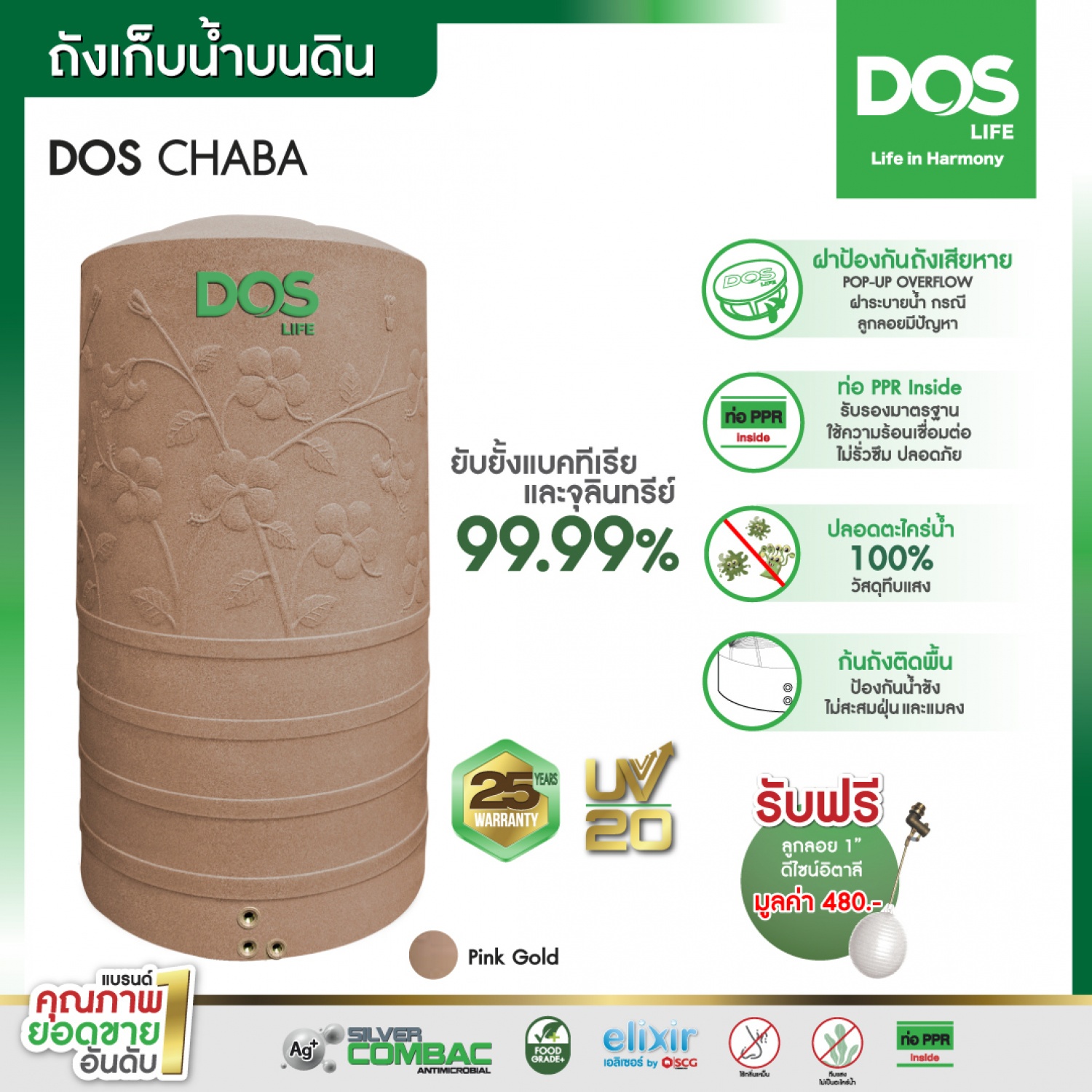 DOS ถังเก็บน้ำบนดินลายแกรนิต ยับยั้งแบคทีเรีย ขนาด 1500L รุ่น Chaba Nano สี Pink Gold