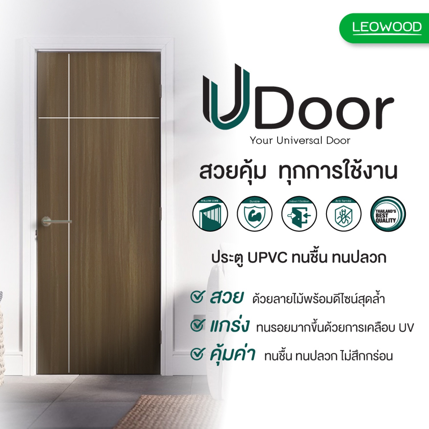 LEOWOOD ประตู UPVC ทนน้ำ กันปลวก สี Brownie Oak ลาย 63 ขนาด 3.5x80x200 ซม.