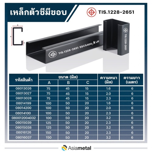 เหล็กตัวซีมีขอบ มอก. ขนาด 75 x 45 x 15 x 1.6 มม.