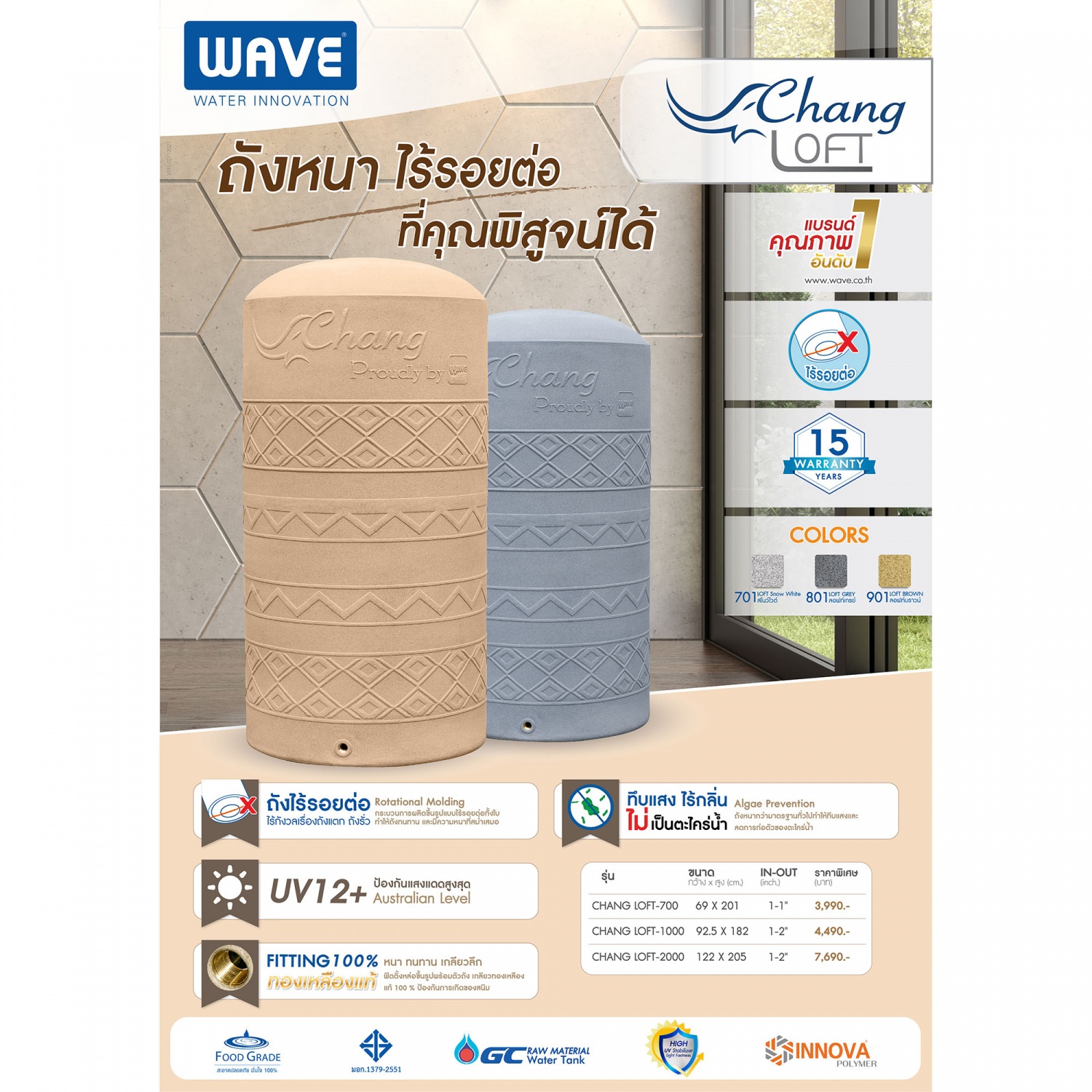 WAVE ถังเก็บน้ำบนดินพิมพ์ลาย ขนาด 5000L รุ่น Chang Loft สี Loft Gray