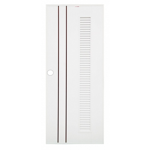 ประตูยูพีวีซีเกล็ดข้างตลอดบาน เซาะร่องโอ๊คแดง Idea-6 80x200cm. สีขาว เจาะ CHAMP