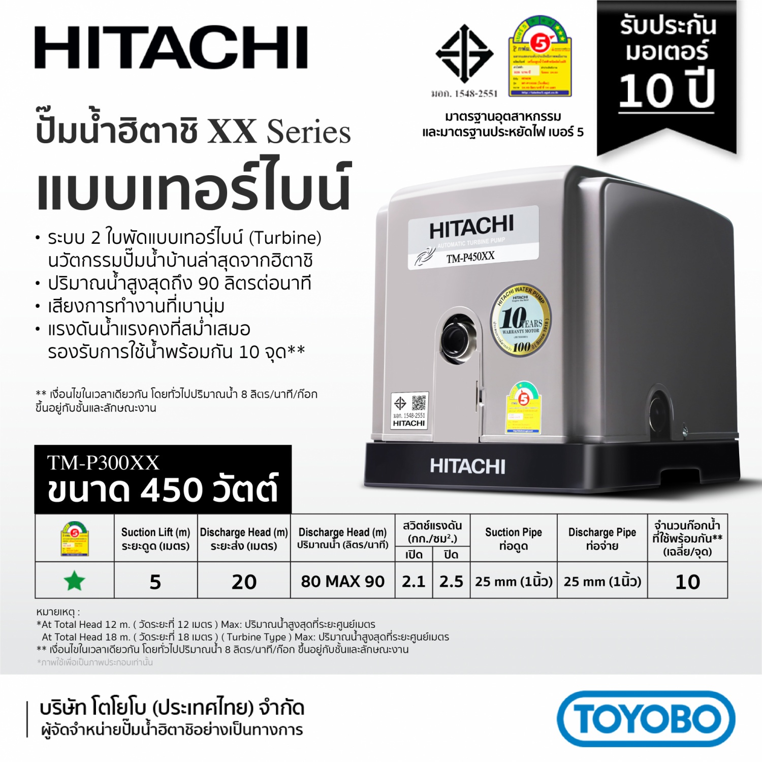 HITACHI ปั๊มน้ำอัตโนมัติแรงดันคงที่ 450W แบบเทอร์ไบน์ รุ่น TMP450XX2 (เสียงเงียบ)