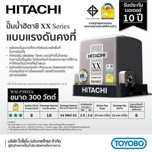 HITACHI ปั๊มน้ำอัตโนมัติแรงดันคงที่ 300W รุ่น WM-P300XX