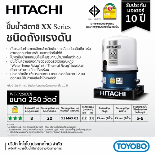 HITACHI ปั๊มน้ำอัตโนมัติ 250W รุ่นWT-P250XX