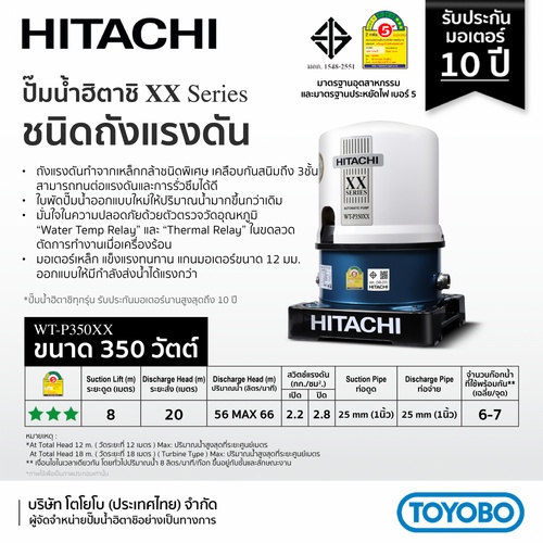 HITACHI ปั๊มน้ำอัตโนมัติ 350W รุ่นWT-P350XX