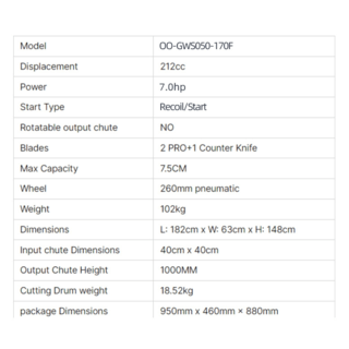 OO POWER เครื่องย่อยกิ่งไม้ 7 แรงม้า  212CC. รุ่น OO-GWS050-170F ขนาด 2 ใบมีด สีส้มดำ