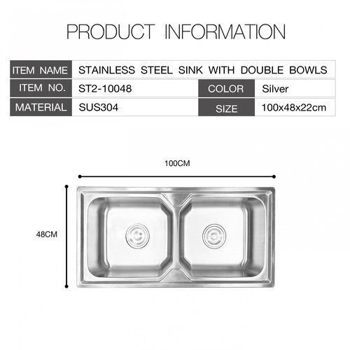 CLOSE อ่างล้างจานขอบฝัง 2 หลุม ไม่มีที่พัก SUS304 100x48x22 ซม. ST2-10048
