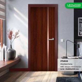 LEOWOOD ประตูปิดผิวเมลามีน บานทึบ iDoor Premium Metal Line 80x200ซม. MAHOGANY