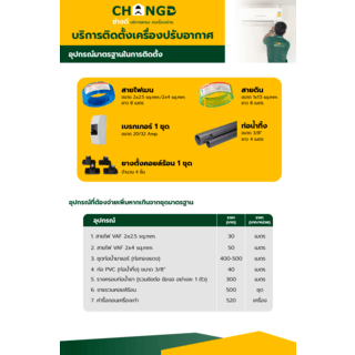 ค่าบริการติดตั้งเครื่องปรับอากาศแบบติดผนัง ขนาด 9000-16000 BTU (แถมอุปกรณ์พื้นฐาน ไม่รวมรางครอบท่อและขาแขวน)