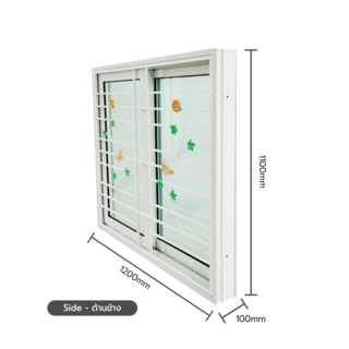 WELLINGTAN หน้าต่างไวนิลบานเลื่อน SS F1-ISWG1211 ขนาด 120x110ซม. สีขาว  มีเหล็กดัด (ผีเสื้อ) พร้อมมุ้ง