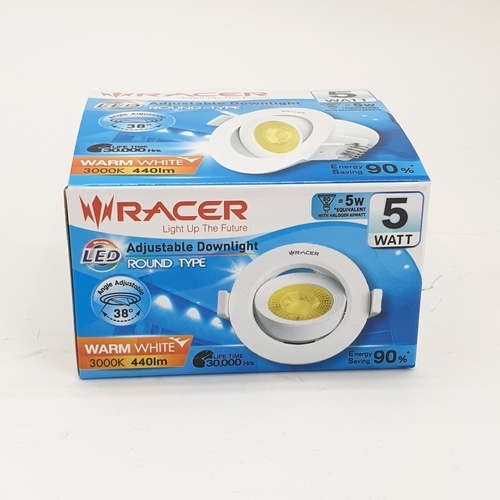 RACER โคมดาวน์ไลท์ LED แบบฝังฝ้าหน้ากลม 3.5นิ้ว 5W ปรับองศาได้ แสงวอร์มไวท์ สีขาว