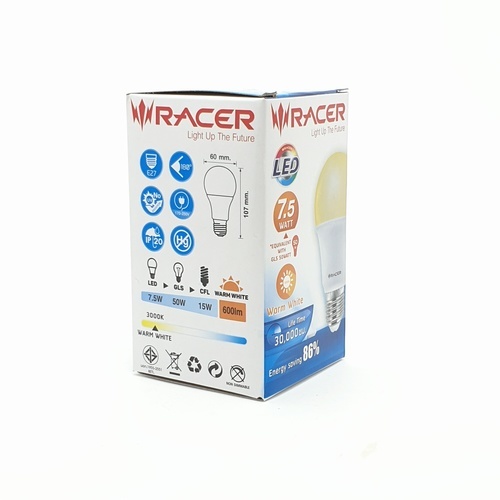 RACER หลอดไฟ LED E27 A60 7.5W แสงวอร์มไลท์