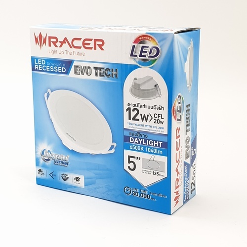 RACER โคมดาวน์ไลท์ LED แบบฝังฝ้าหน้ากลม 5นิ้ว 12W รุ่น EVO TECH แสงเดย์ไลท์