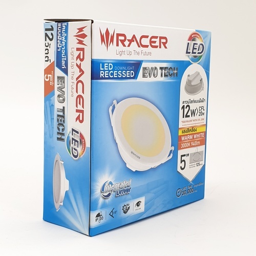 RACER โคมดาวน์ไลท์ LED แบบฝังฝ้าหน้ากลม 5นิ้ว 12W รุ่น EVO TECH  แสงวอร์มไวท์