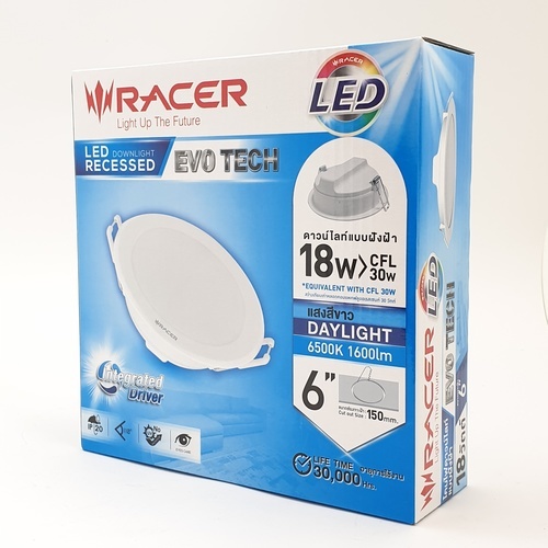 RACER โคมดาวน์ไลท์ LED แบบฝังฝ้าหน้ากลม 6นิ้ว 18W รุ่น EVO TECH แสงเดย์ไลท์