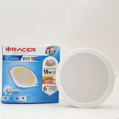 RACER โคมดาวน์ไลท์ LED แบบฝังฝ้าหน้ากลม 6นิ้ว 18W รุ่น EVO TECH  แสงวอร์มไวท์