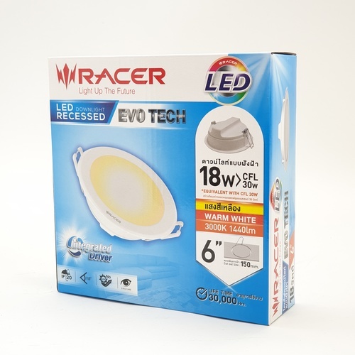 RACER โคมดาวน์ไลท์ LED แบบฝังฝ้าหน้ากลม 6นิ้ว 18W รุ่น EVO TECH  แสงวอร์มไวท์