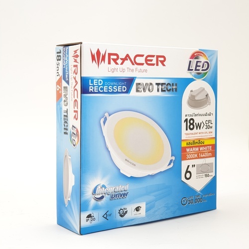 RACER โคมดาวน์ไลท์ LED แบบฝังฝ้าหน้ากลม 6นิ้ว 18W รุ่น EVO TECH  แสงวอร์มไวท์