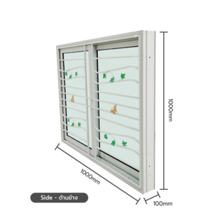 WELLINGTAN หน้าต่างไวนิลบานเลื่อน SS F2-ISWG1010 ขนาด 100x100ซม. สีขาว  มีเหล็กดัด (ดอกไม้) พร้อมมุ้ง