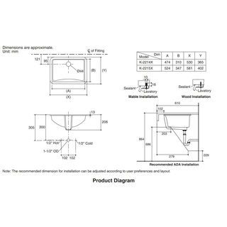 Kohler อ่างล้างหน้าฝังใต้เคาน์เตอร์  ** ไม่รวมก๊อกน้ำ** รุ่น ลาดีน่าK2215X