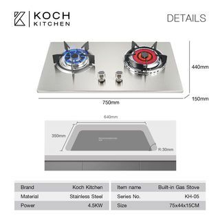 KOCH KITCHEN เตาแก๊สแบบฝังหน้าสเตนเลส 2 หัวเตาผสม CLASICO KH-05