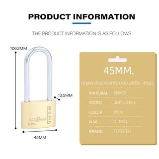 TORSTEN กุญแจคล้องทองเหลืองระบบสปริง 45มม. BMP-2645-L (ห่วงยาว)