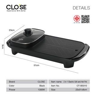 CLOSE  เตาปิ้งย่างอเนกประสงค์พร้อมหม้อสุกี้ 2IN1 1300w รุ่น OT-BS010 สีดำ