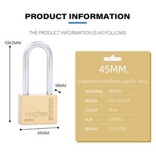 TORSTEN กุญแจคล้องทองเหลืองระบบลูกปืน 45มม.KEY ALIKE  BSP-3x45 SL แพ็ค 3 (ห่วงสั้น-ยาว)