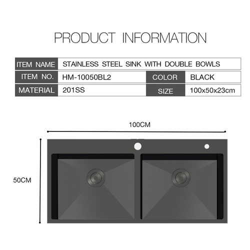 KOCH KITCHEN อ่างล้างจาน 2 หลุมไม่มีที่พัก 50x100x23 ซม. HM-10050BL2 สีดำ