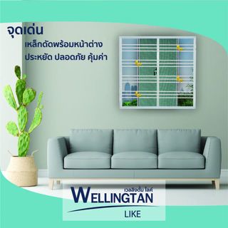 WELLINGTAN (LIKE) หน้าต่างอลูมิเนียม บานเลื่อน SS 100x100ซม. สีขาว+มุ้ง+เหล็กดัดผีเสื้อทอง