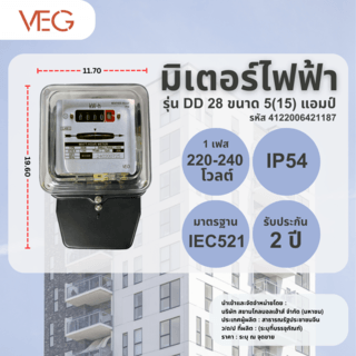 V.E.G มิเตอร์ไฟฟ้า 1 เฟส 2 สาย ขนาด   5(15) แอมป์ รุ่น (DD 28)