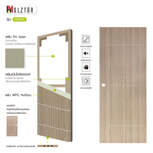 Holztur ประตู WPC รุ่น WM02 (สำหรับใช้ภายใน) แผ่นเรียบเซาะร่อง  ขนาด 80x200 ซม. สีเบจไพน์  (เจาะลูกบิด)