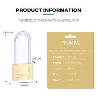 TORSTEN กุญแจคล้องทองเหลืองระบบสปริง KEY ALIKE 45มม. BMP-3x45 SL แพ็ค 3 (ห่วงสั้น-ยาว)