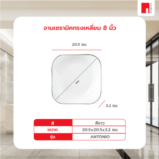 ADAMAS จานเซรามิคทรงเหลี่ยม 8 นิ้ว ANTONIO สีขาว