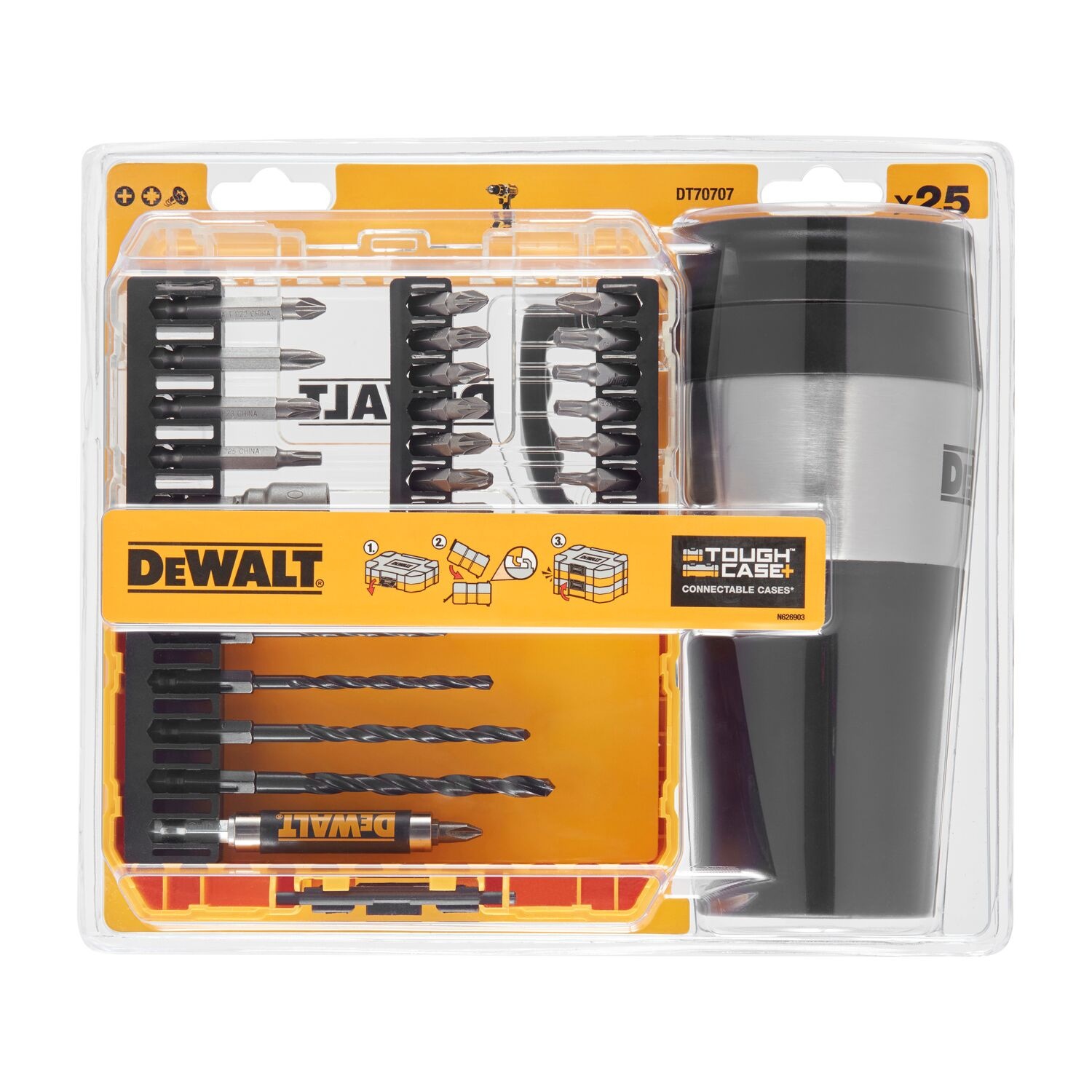 DEWALT ชุดดอกไขควง ดอกสว่าน 25 ชิ้น DT70707-QZ พร้อมแก้วเก็บอุณหภูมิ