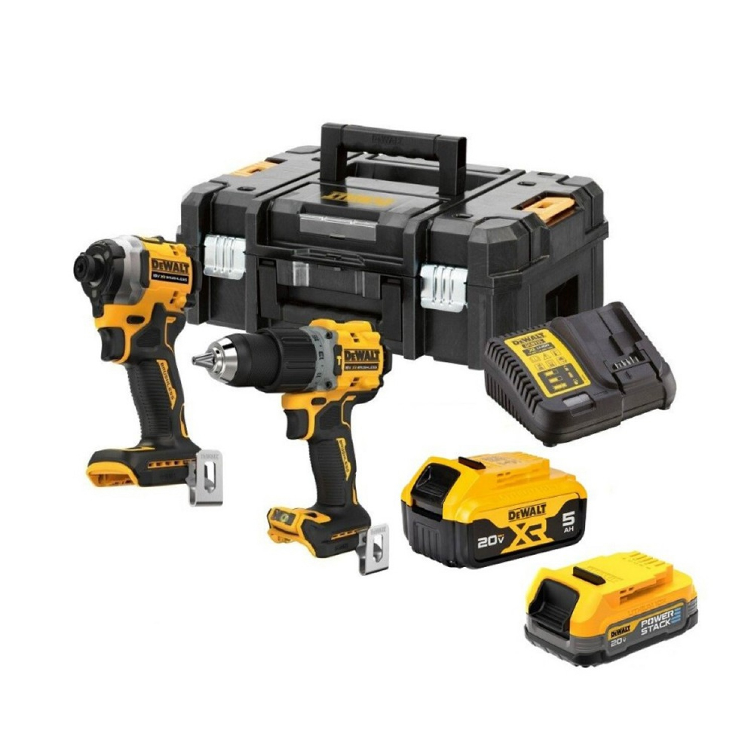 DEWALT ชุดคอมโบสว่านกระแทกและไขควงกระแทกไร้สายไร้แปรงถ่าน 20V Max DCK2050P1E1T-B1 พร้อมแบตเตอรี่ Powerstack1.7AH+แบตเตอรี่ 5AH และกล่อง TSTAK